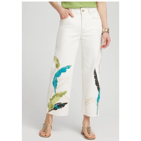 Chicos Size 3 US 16 White‎ Wide Leg Crop Trousers Tropical Leaf Print Cropped - Picture 2 of 12